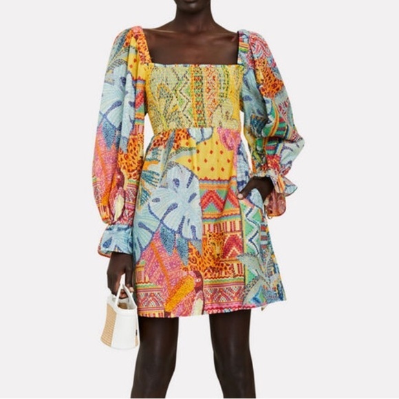 FARM RIO SUMMER TAPESTRY MILKMAID SMOCKED EMPIRE WAIST MINI DRESS SIZE SMALL - Picture 3 of 15
